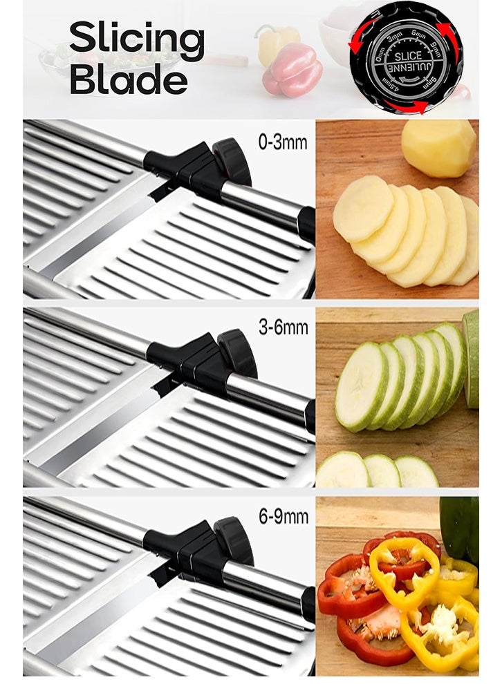 غوغا قطّاعة ماندولين قابلة للتعديل للمطبخ من الستانلس ستيل، قطّاعة طعام وقطّاعة خضار للخيار والبطاطس والملفوف والجزر والبصل، قطاعه بطاطس، مع فرشاة تنظيف ودافع طعام، سهلة الاستخدام والتنظيف - Image 3